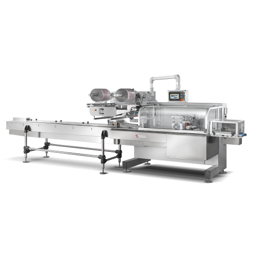 Horizontal flow pack packaging machine for multi-format packaging