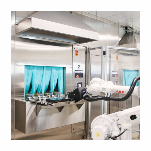 Robotic cage handling system for tunnel washers