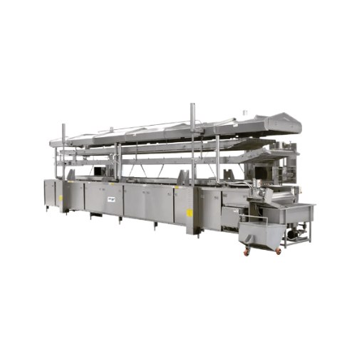 Conveyorized thermal fluid immersion fryer for coated food products