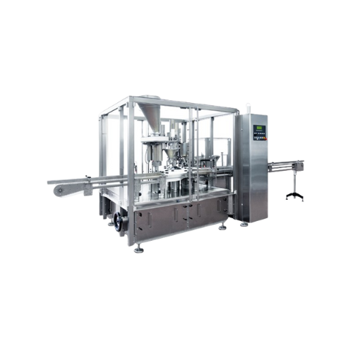 Intermittent motion powder dosing and capping system